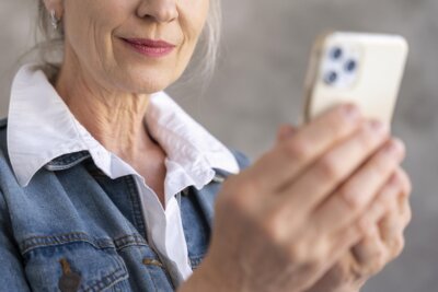 Umirovljenica u traper jakni drži bijeli mobitel.