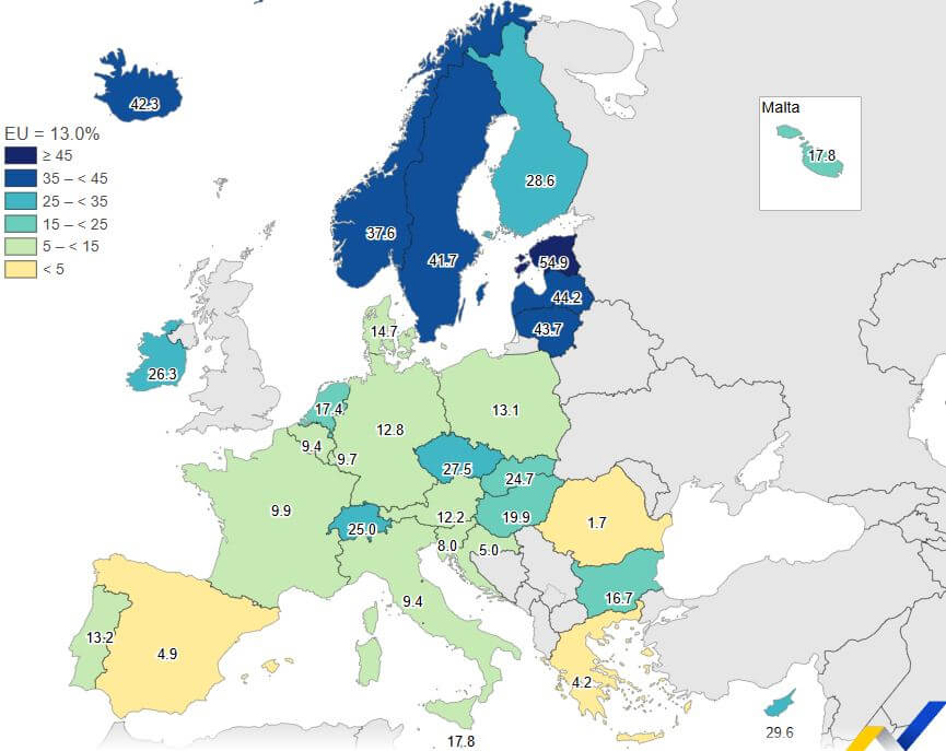 Karta sa zemljama i postotkom umirovljenika koji rade