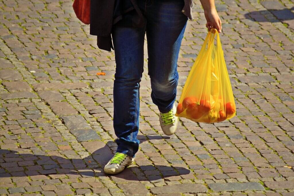 Žena u rukama nosi plastičnu vrećicu s povrćem